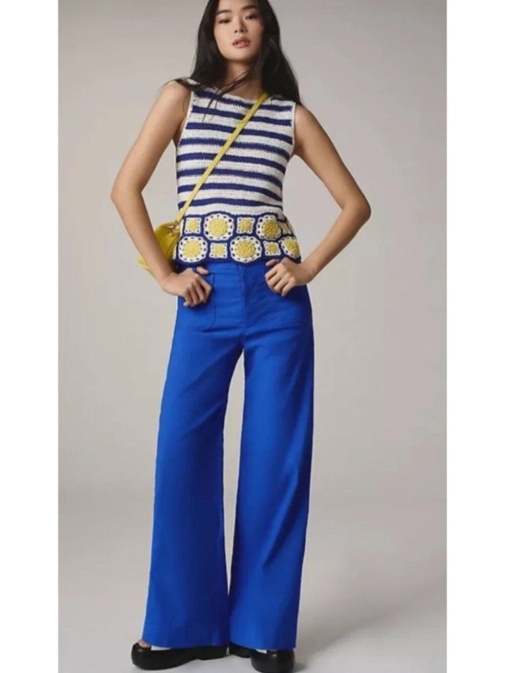 Maeve Anthropologie the Junie Jeans Wide-Leg Flare 32 Royal Blue Stretchy Linen